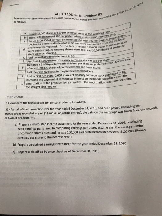  ACCT 1105 Serial Problem #2 Selected transactions completed by Sunset Products,
