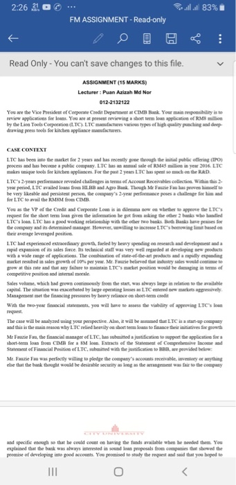  2:26 21 al 83% FM ASSIGNMENT - Read-only ... Read Only