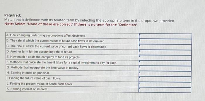 Required: Match each definition with its related term by selecting the