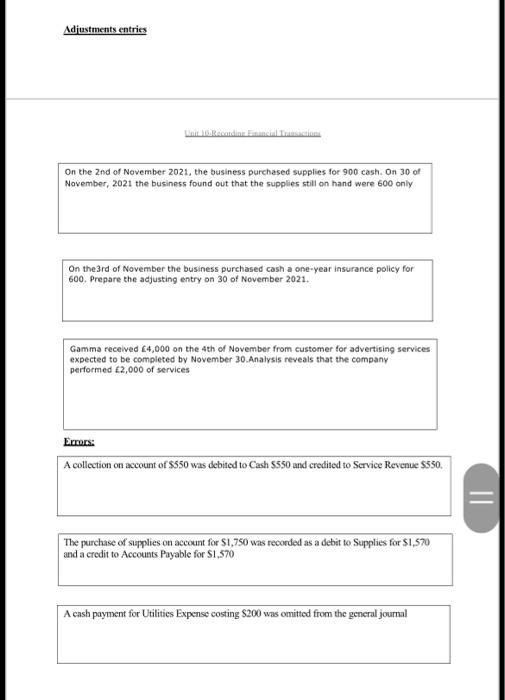 Make the adiustments entries for the following transactions before preparing the final