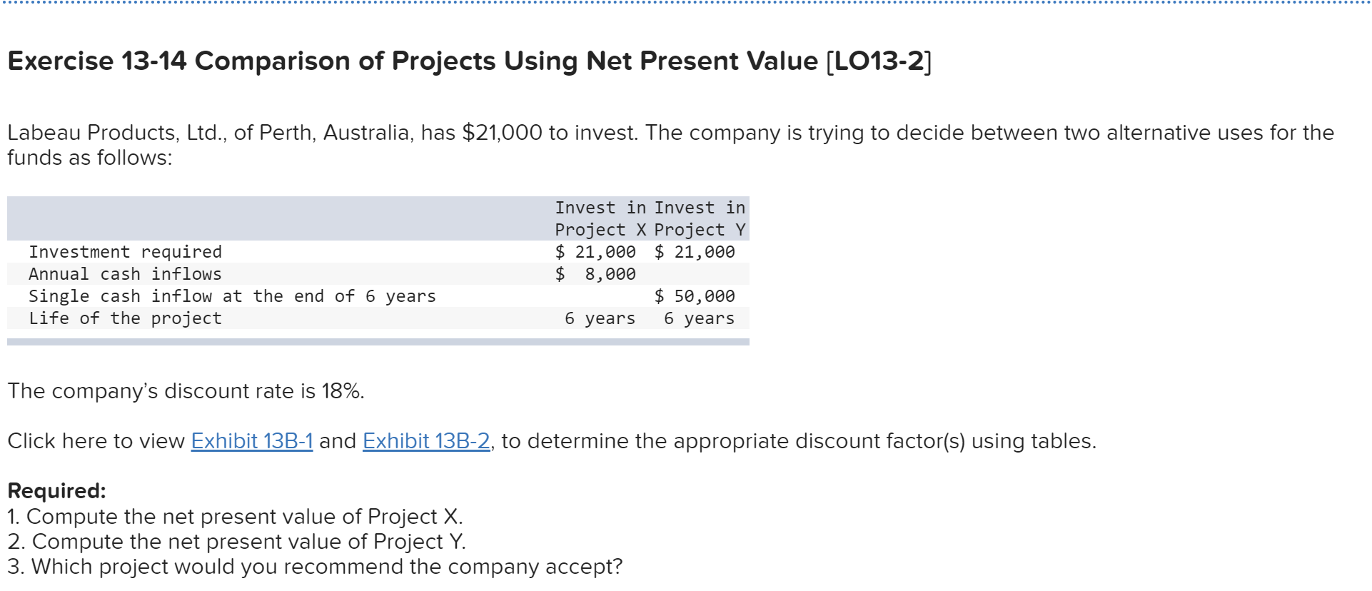  Exercise 13-14 Comparison of Projects Using Net Present Value [LO13-2] Labeau