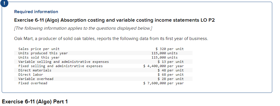  Required information Exercise 6-11 (Algo) Absorption costing and variable costing income