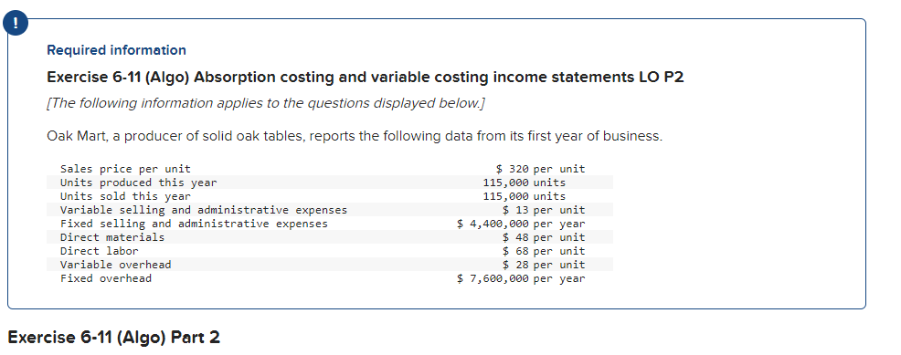 Oak Mart, a producer of solid oak tables, reports the following data