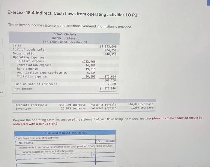  Exercise 164 Indirect: Cash flows from operating activities LO P2 The