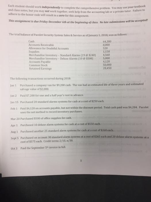  Each student should work independently to complete the comprehensive problem. You