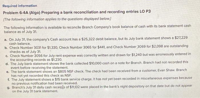 please help ! Required information Problem 6-4A (Algo) Preparing a bank reconciliation