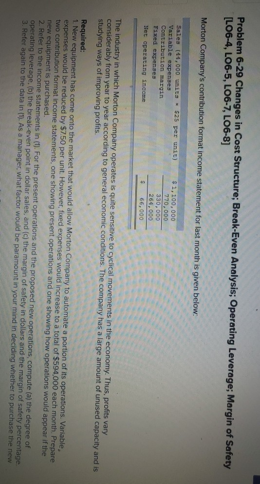  Problem 6-29 Changes in Cost Structure; Break-Even Analysis; Operating Leverage; Margin