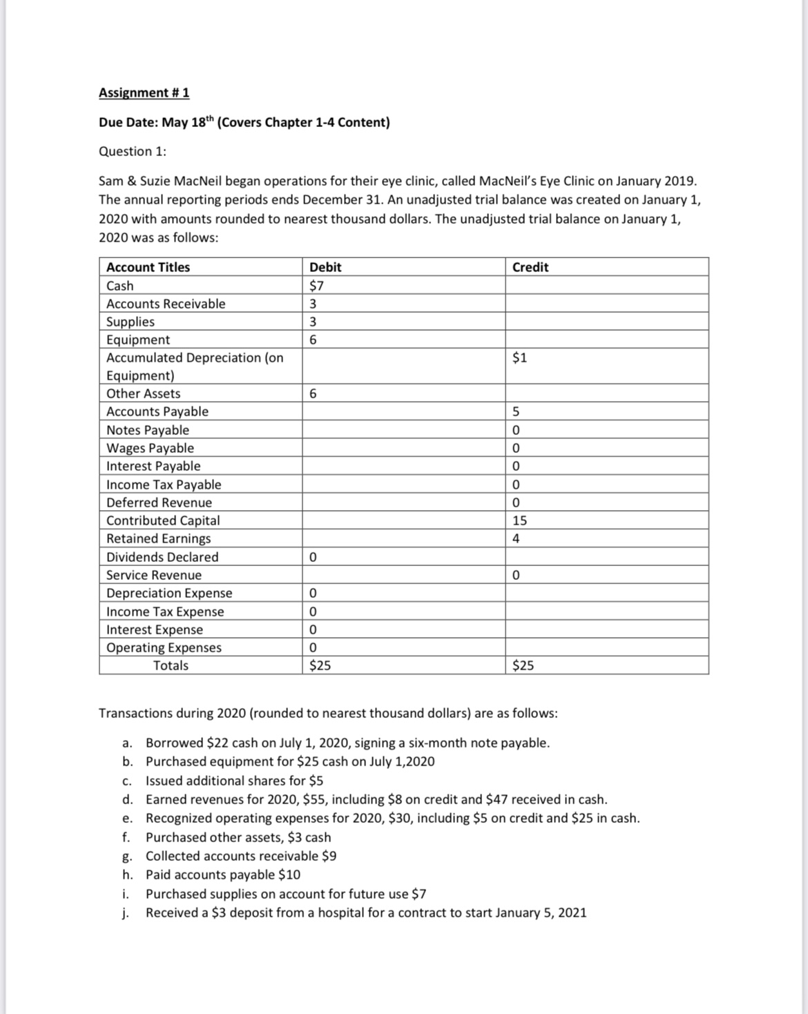  Assignment \# 1 Due Date: May 18th (Covers Chapter 1-4 Content)