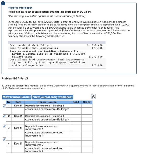  Required information Problem 8-3A Asset cost allocation; straight-line depreciation LO C1,
