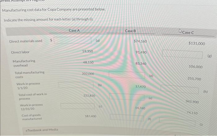  Manufacturing cost data for Copa Company are presented below. Indicate the
