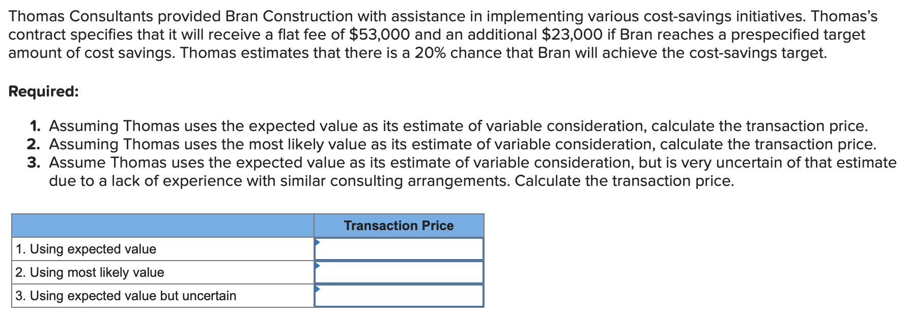  Thomas Consultants provided Bran Construction with assistance in implementing various cost-savings
