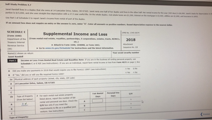  Self-Study Problem 47 net Randolf lives in a duplex that she