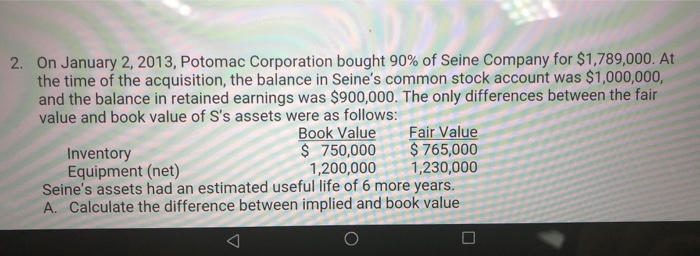  2. On January 2, 2013, Potomac Corporation bought 90% of Seine