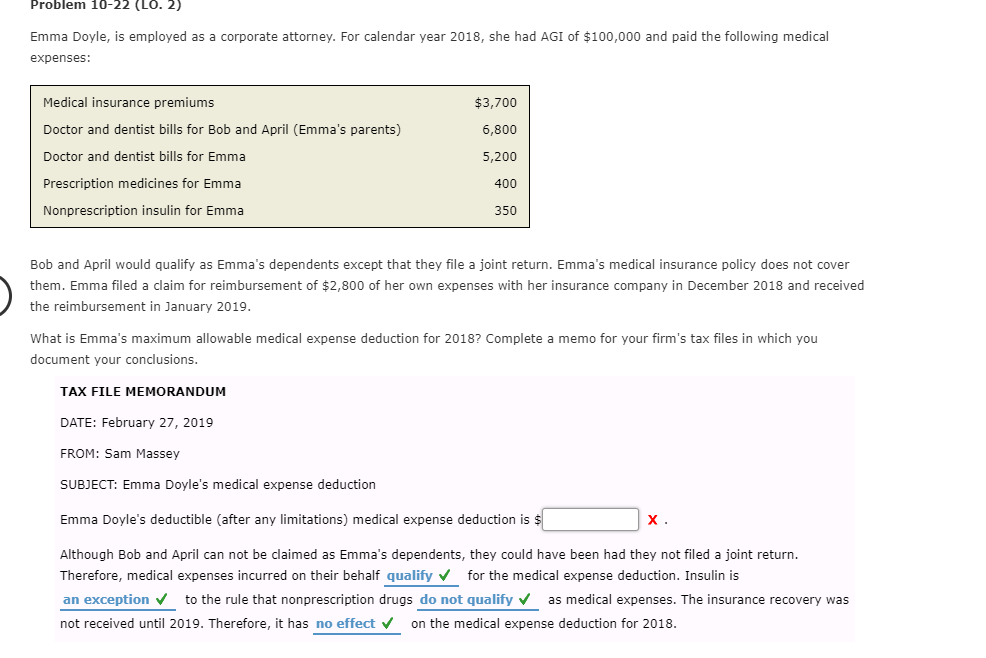  Answer is not 16450 Problem 10-22 (LO. 2) Emma Doyle, is
