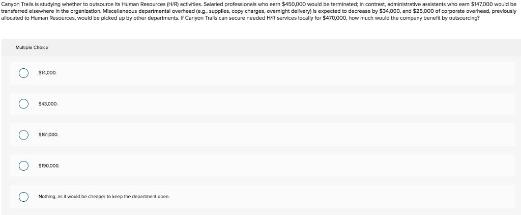  Canyon Trails is studying whether to outsource its Human Resources (H/R)