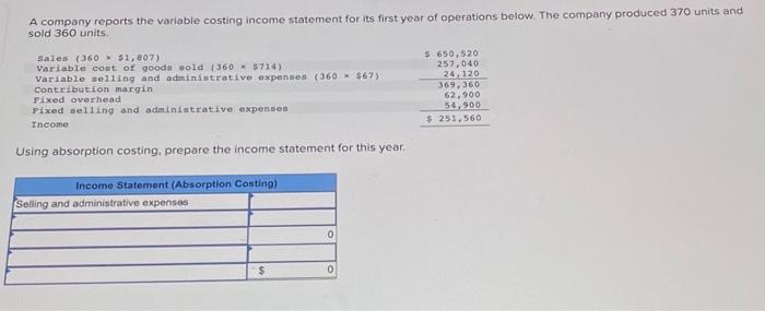  A company reports the variable costing income statement for its first