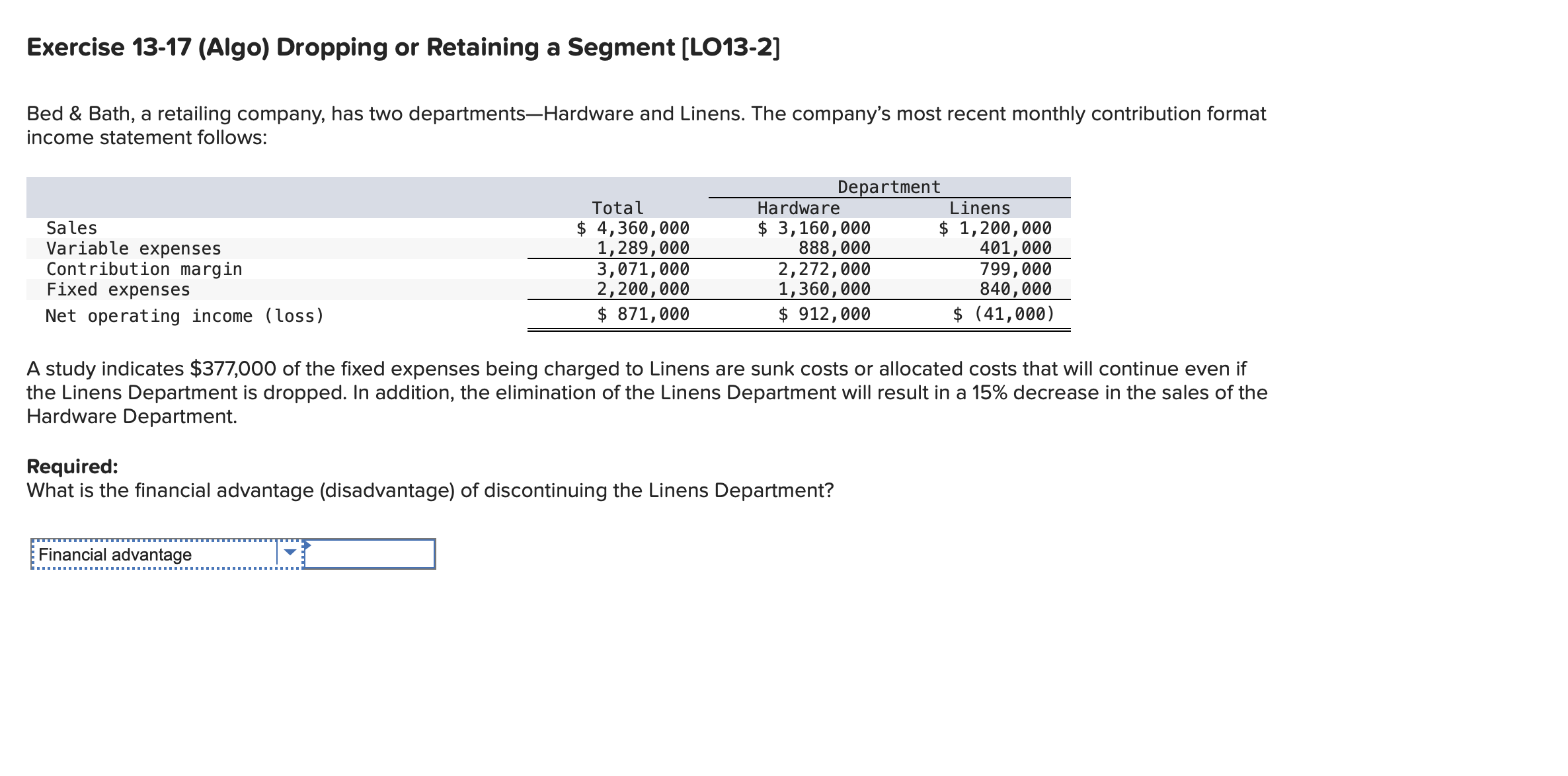  Exercise 13-17 (Algo) Dropping or Retaining a Segment [LO13-2] Bed \&