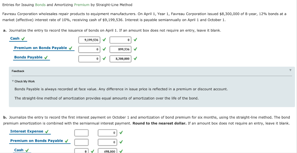 Entries for Issuing Bonds and Amortizing Premium by Straight-Line Method Favreau