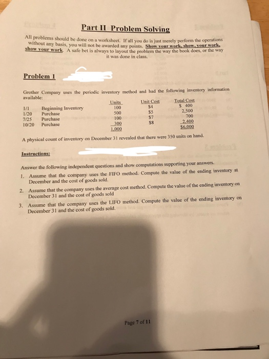  Part II Problem Solving All problems should be done on a