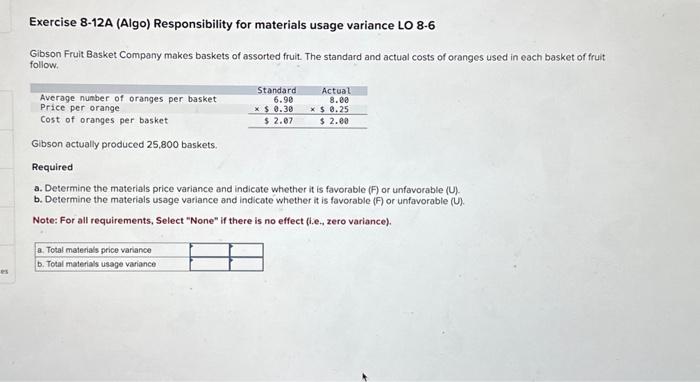  Exercise 8-12A (Algo) Responsibility for materials usage variance LO 8.6 Gibson