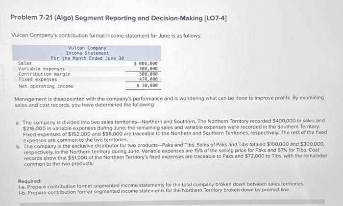 please help Problem 7-21 (Algo) Segment Reporting and Decision-Making [LO7-4] Vulcan Company's