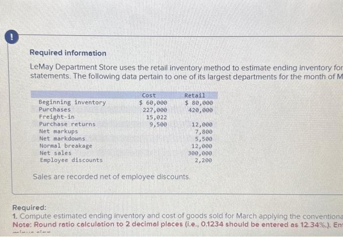  Required information LeMay Department Store uses the retail inventory method to