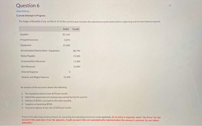  Question 6 View Policies Current Attempt in Progress The ledger of