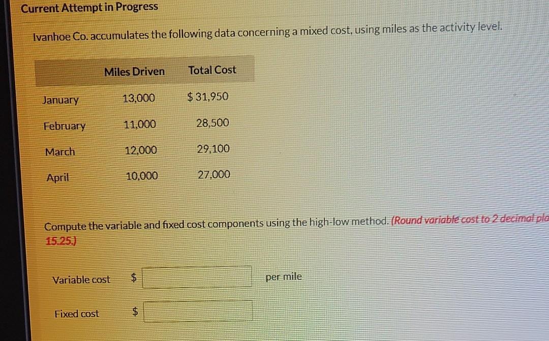Current Attempt in Progress Ivanhoe Co. accumulates the following data concerning