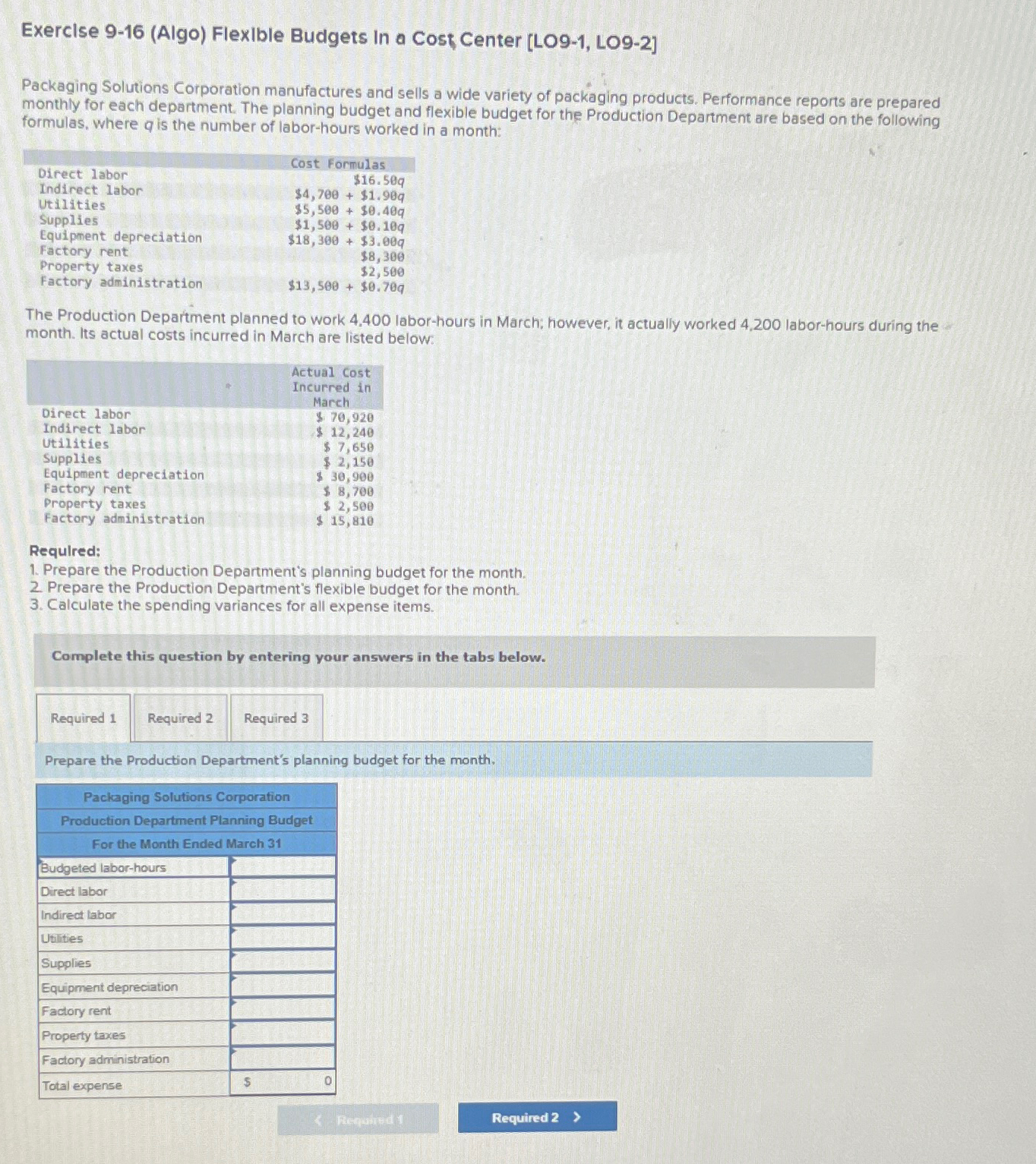  Exerclse 9-16(Algo) Flexlble Budgets In a Cost Center [LO9-1, LO9-2] Packaging