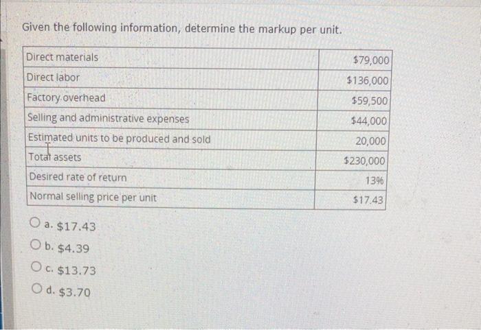  Given the following information, determine the markup per unit. a. $17.43