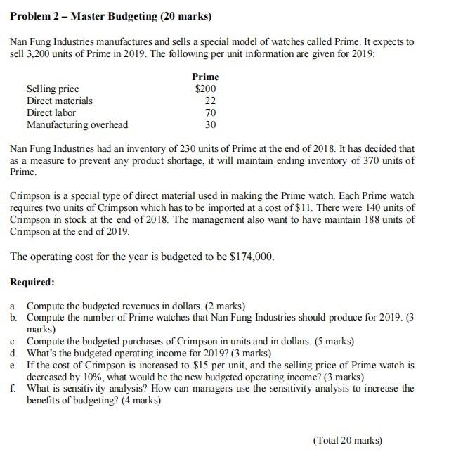 Problem 2 Master Budgeting (20 marks) Problem 2 - Master Budgeting (20