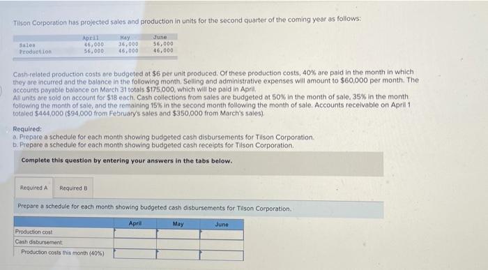complete part a abd part b please Tilson Corporation has projected sales