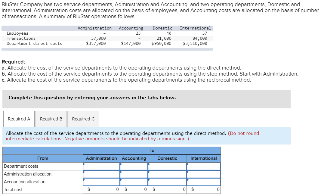 Step by step solution/excel please BluStar Company has two service departments, Administration