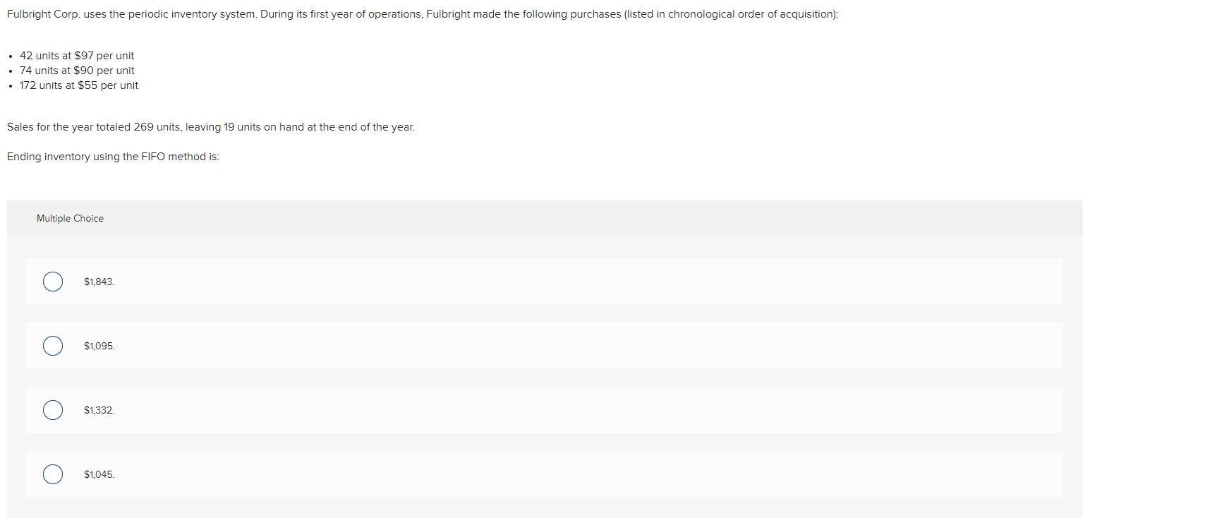  Fulbright Corp. uses the periodic inventory system. During its first year