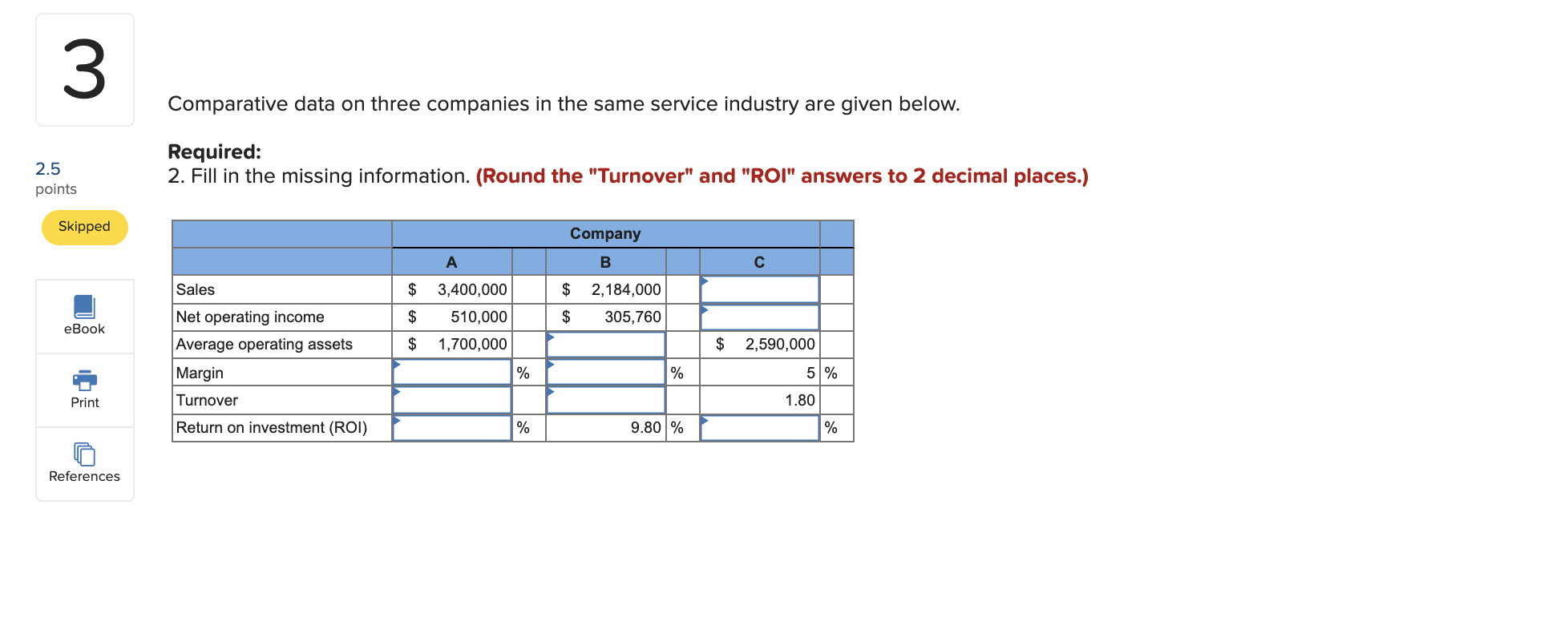 Comparative data on three companies in the same service industry are given