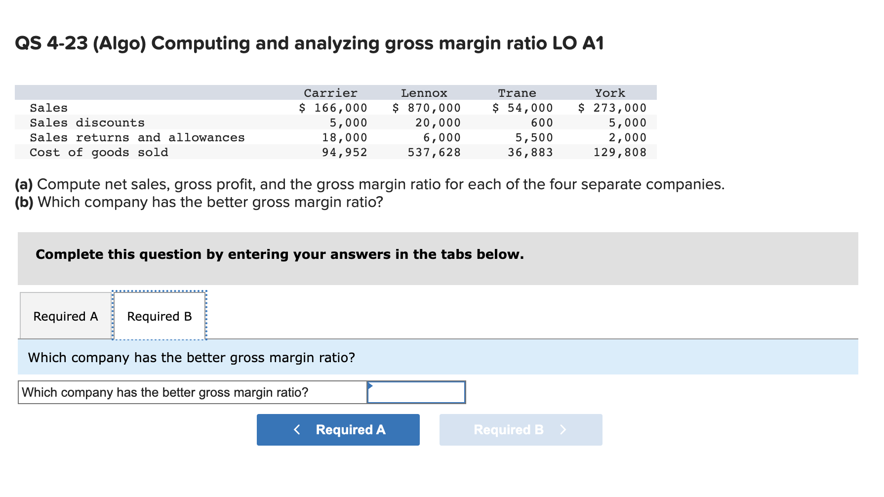 QS 4-23 (Algo) Computing and analyzing gross margin ratio LO A1 Carrier