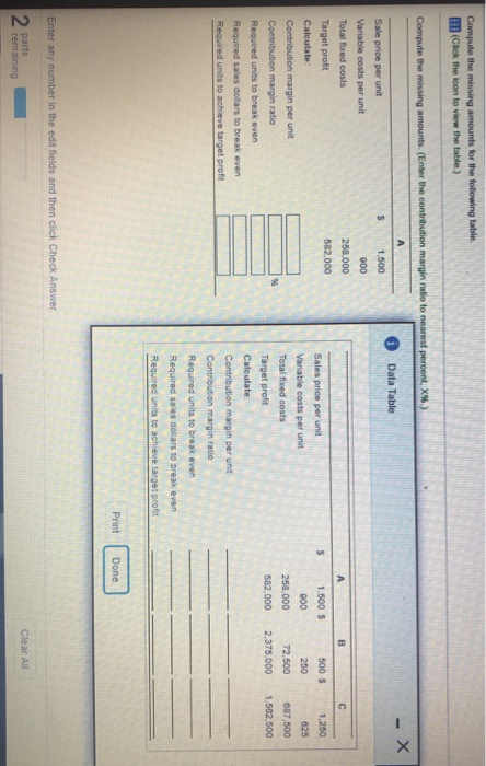  Compute the missing amounts for the following table (Click the loon