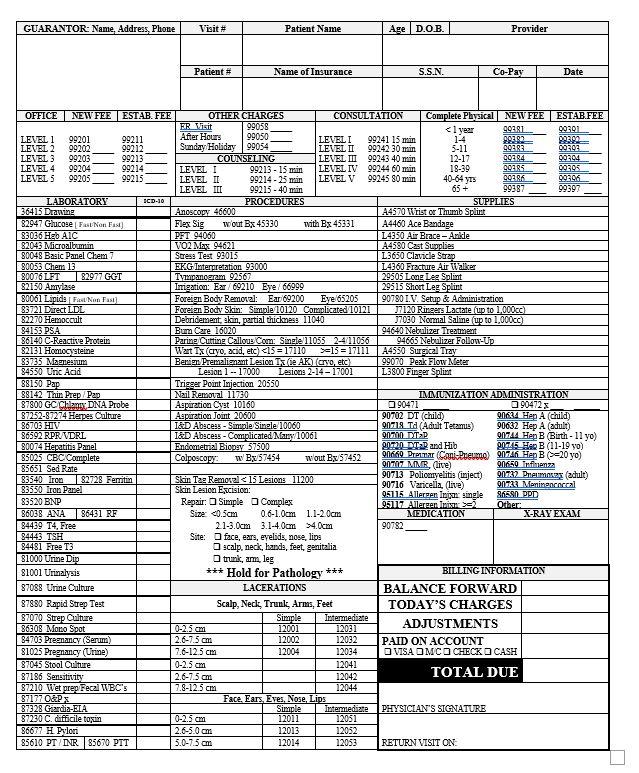 Using the information provided complete the superbill template showing all charges incurred