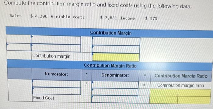  Compute the contribution margin ratio and fixed costs using the following