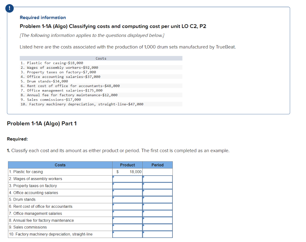  ! Required information Problem 1-1A (Algo) Classifying costs and computing cost