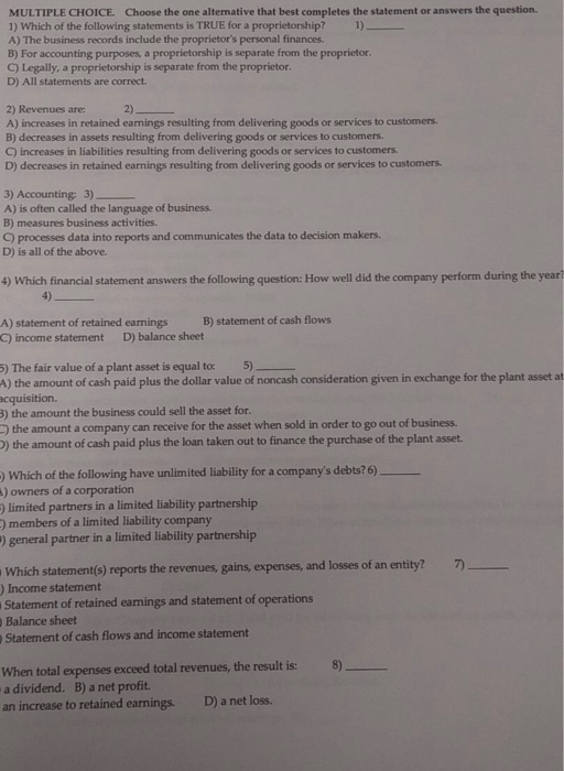  MULTIPLE CHOICE. Choose the one alternative that best completes the statement