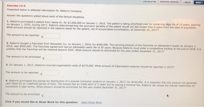  CALCULATOR PRINTER VERSION BACK Exercise 12-4 Presented below is selected information