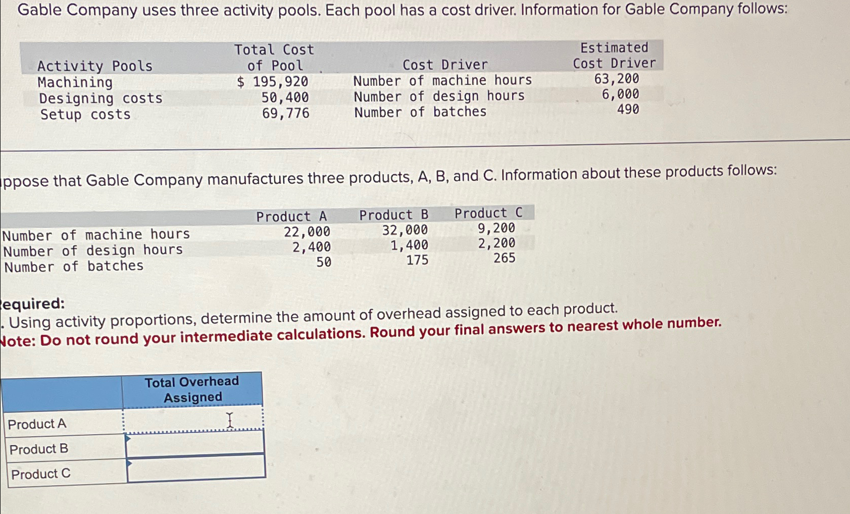  Gable Company uses three activity pools. Each pool has a cost