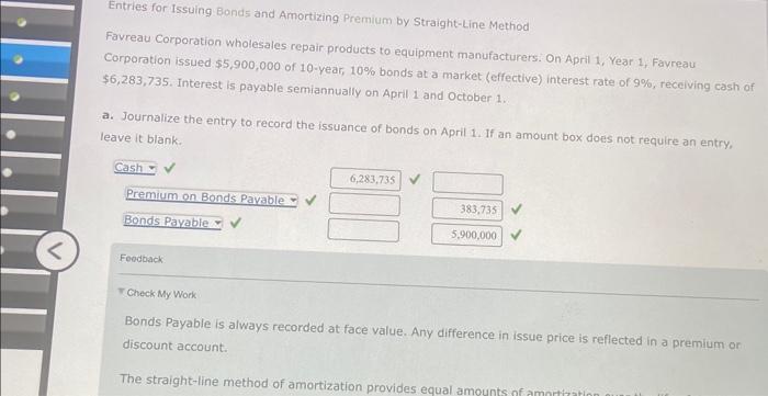  Entries for Issuing Bonds and Amortizing Premium by Straight-Line Method Favreau