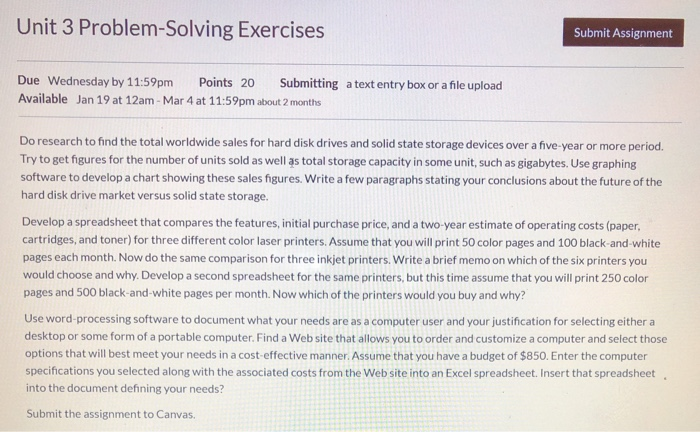  Unit 3 Problem Solving Exercises Submit Assignment Due Wednesday by 11:59pm