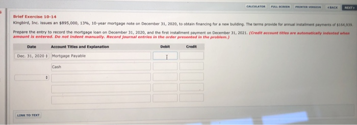  CALCULATOR FL EEN INTE VERSION BACK NEXT Brief Exercise 10-14 Kingbird,