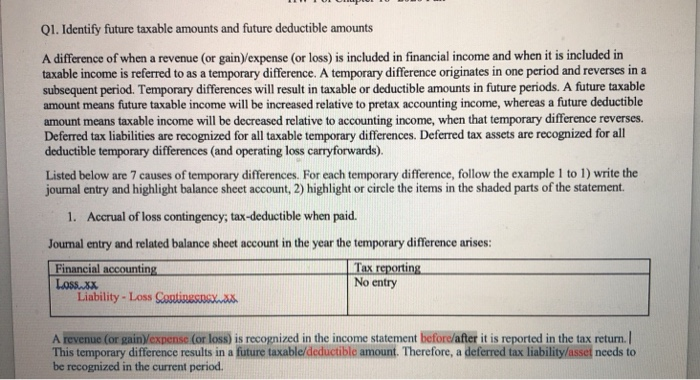 Q1. Identify future taxable amounts and future deductible amounts A difference