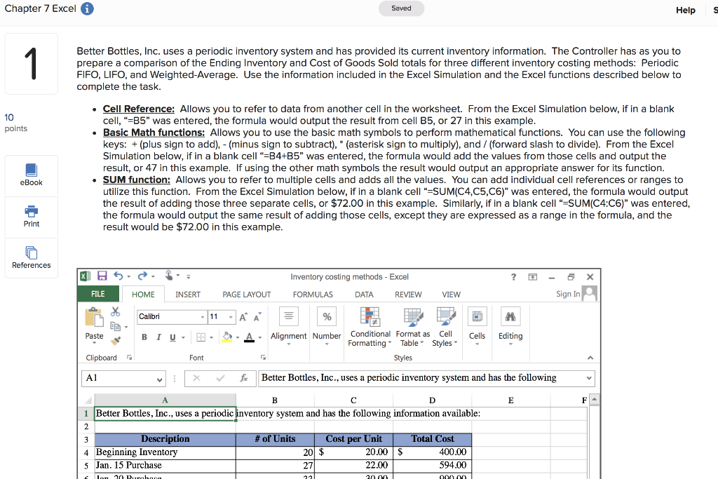 Chapter 7 Excel 1 10 points eBook Print References Saved Help S
