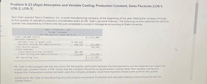  Problem 6-23 (Algo) Absorption and Variable Costing; Production Constant, Sales Fluctuate