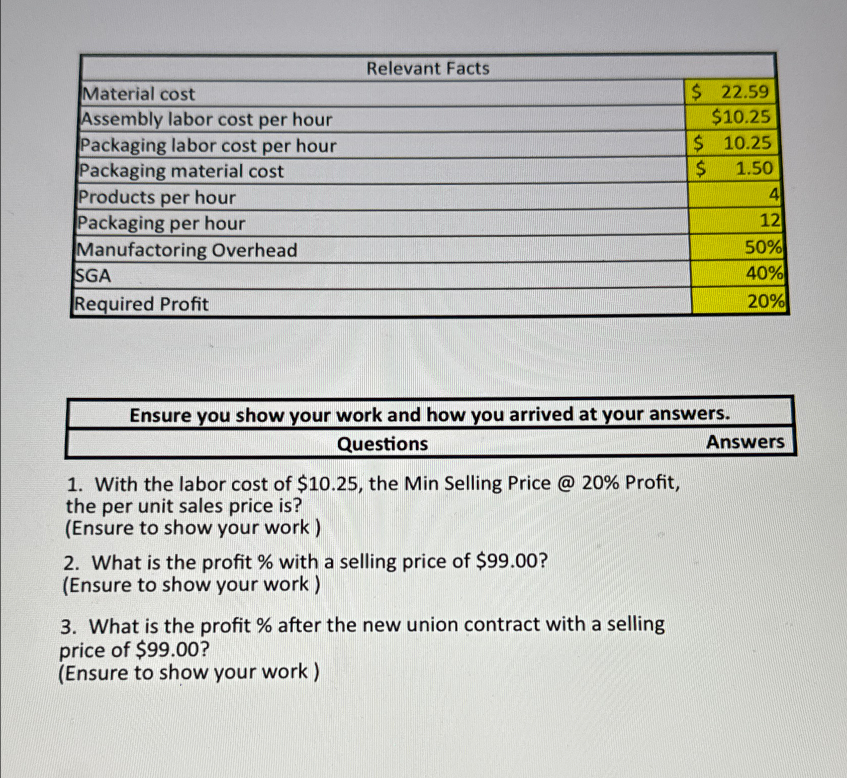  \table[[Relevant Facts],[Material cost,{fa59593c8-fdbe-41a1-b815-fffb8468d5d5} \table[[$,22.59]]],[Assembly labor cost per hour,$10.25 